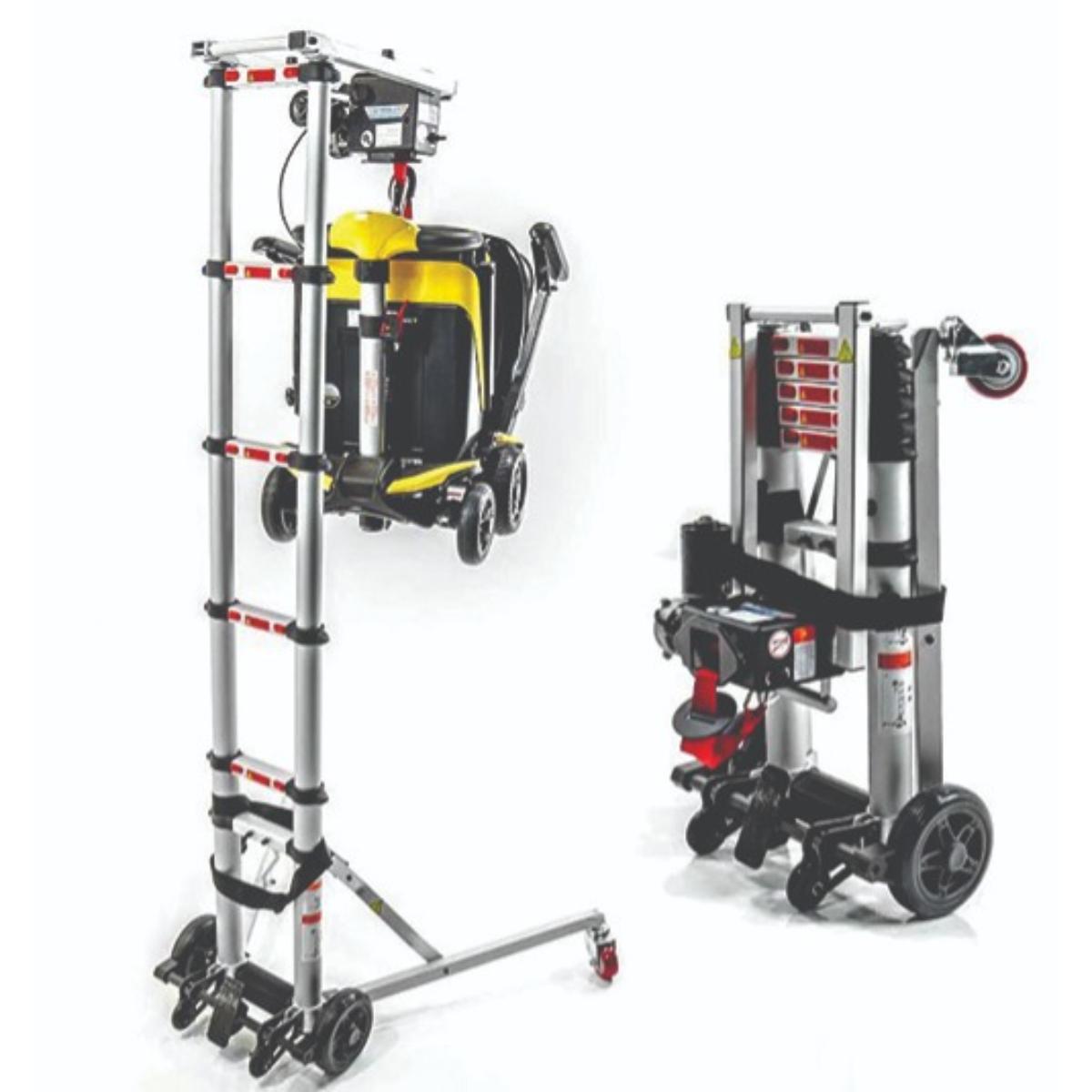 Two portable scooter hoists, one large and one compact, made of aluminum and plastic, primarily in black and silver colors, with castor wheels for mobility.
