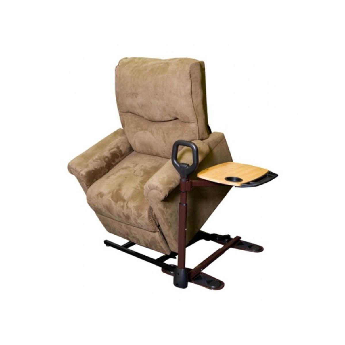 Beige recliner chair with a footrest and Assist-A-Tray on a white background