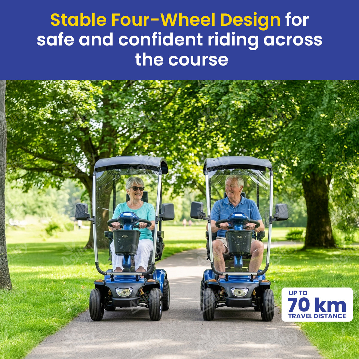 Two people riding in an Albatross Golf Mobility Scooter with trees in the background, promoting a stable four-wheel design.