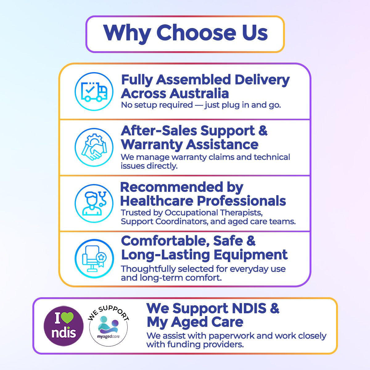 List of reasons to choose a service provider with icons and text on a light blue and purple gradient background.