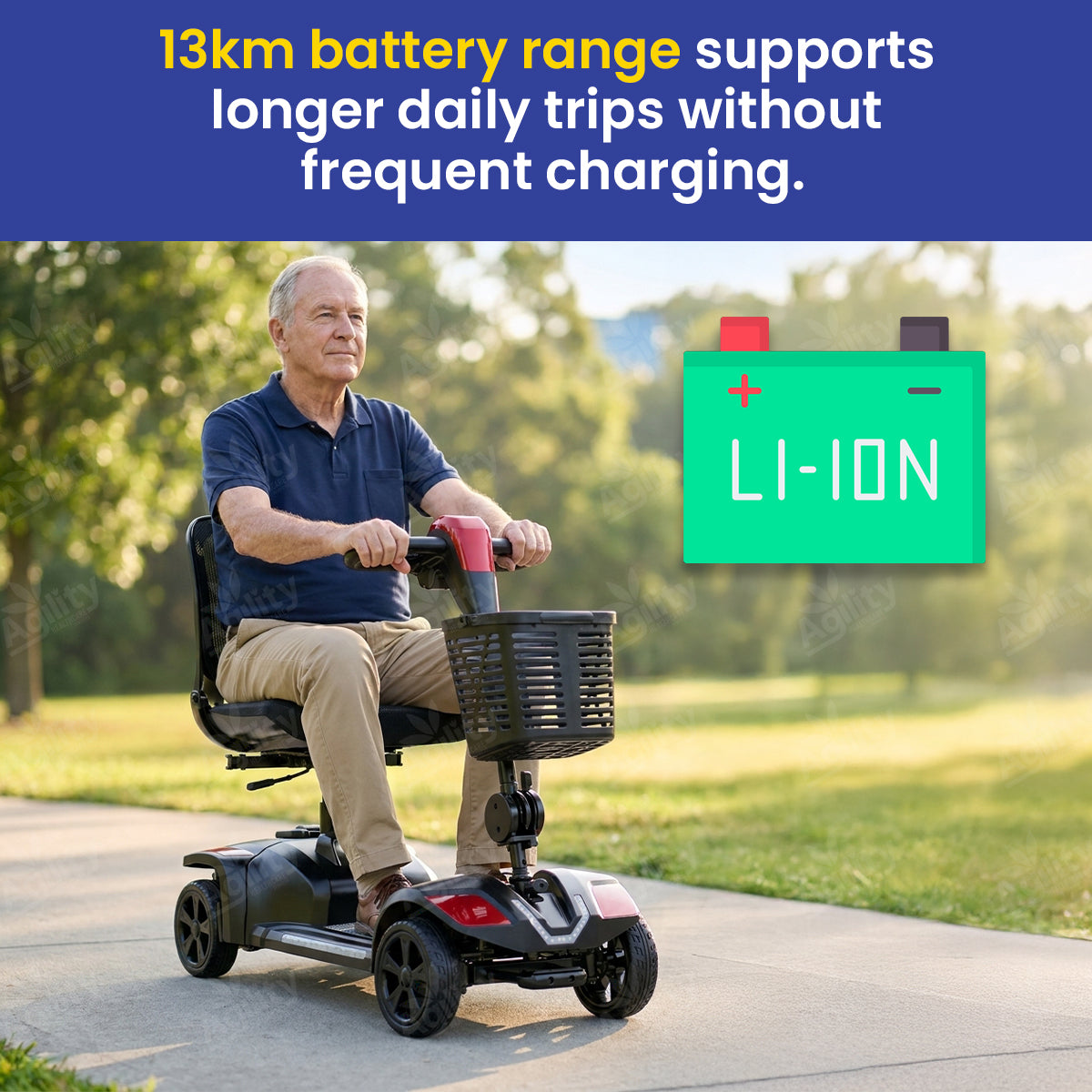 Man riding a Bandit Z Zero-Turn Mobility Scooter with a 'LI-ION' battery pack in a park setting.