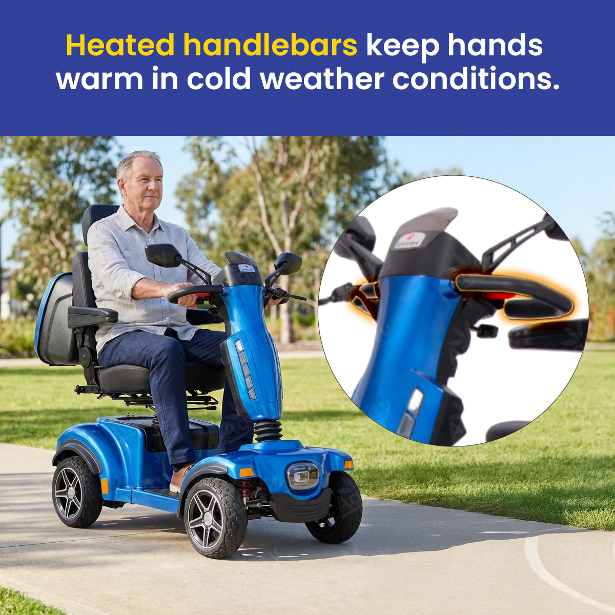 A man using a Blazer mobility scooter with heated handlebars on a sunny day.