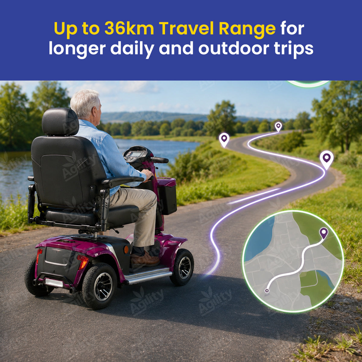 A man is using a Blazer mobility scooter on a scenic road with text about travel range.