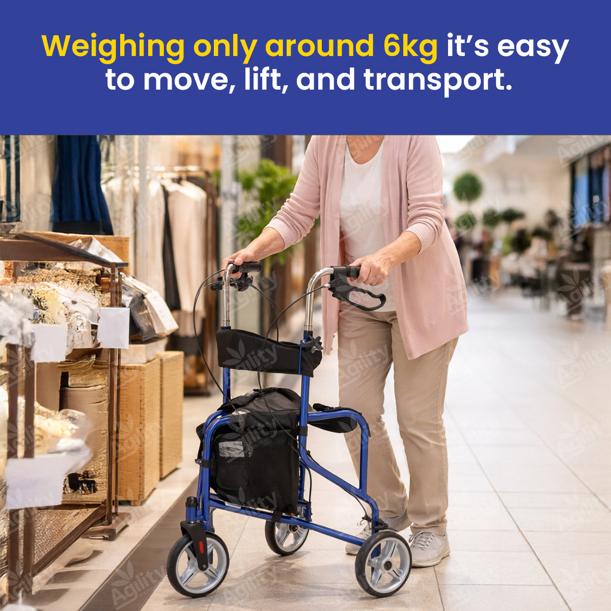 Woman pushing a blue mobility walker in a store setting with text about weight and ease of use.