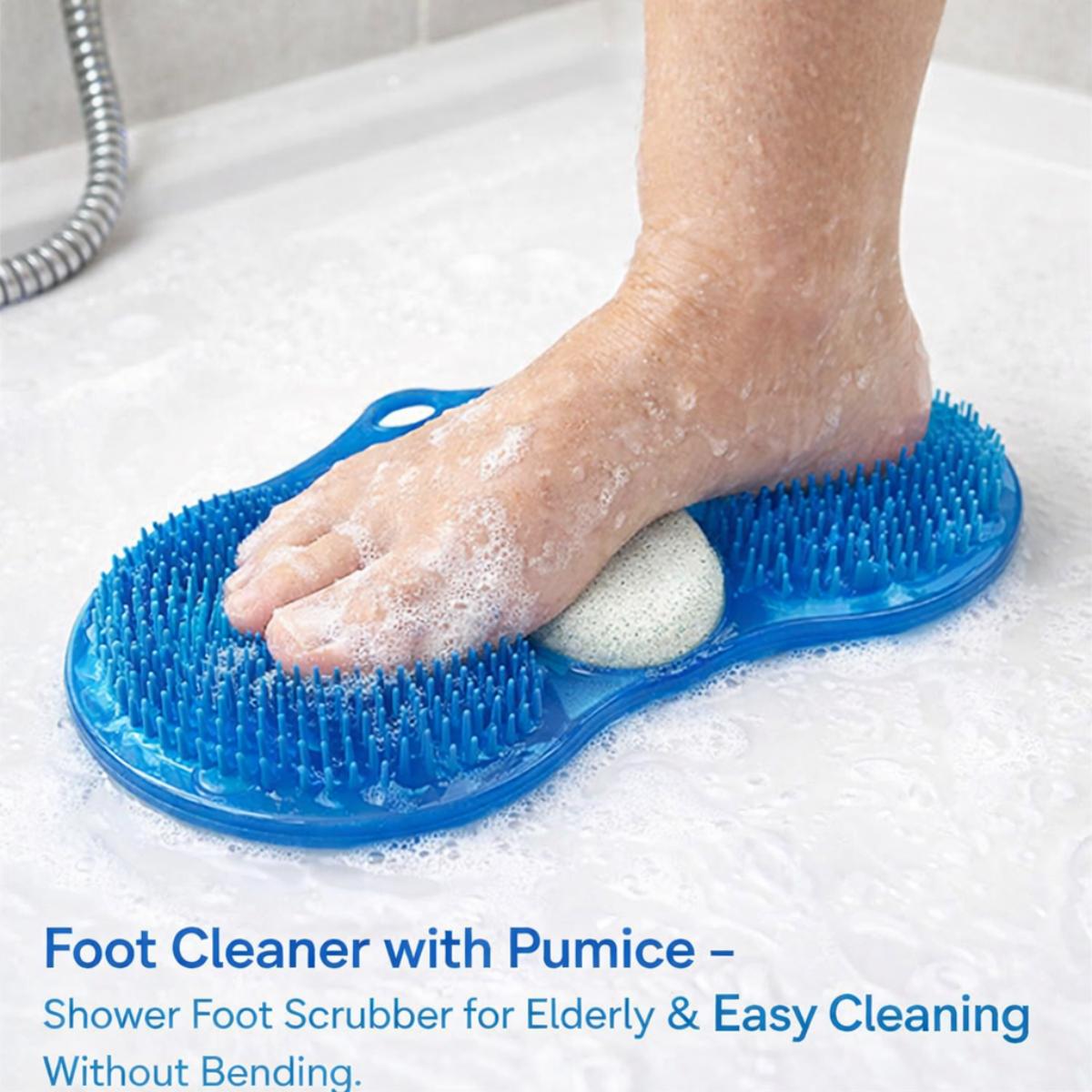 Person using a blue foot scrubber with pumice stone in a bath.