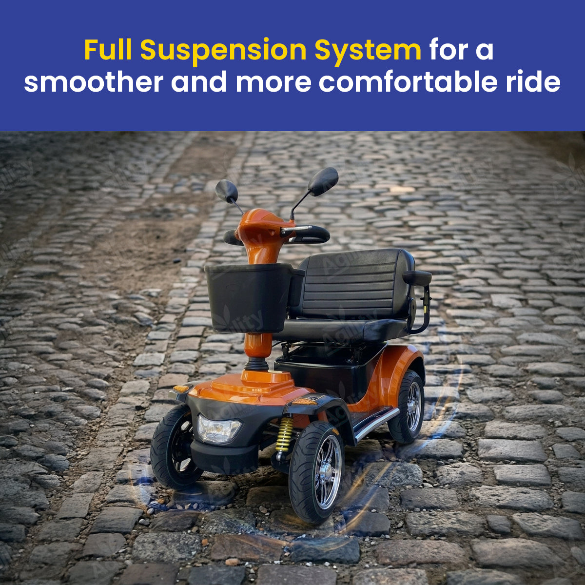 Emperor mobility scooter on a cobblestone street with text about full suspension system.