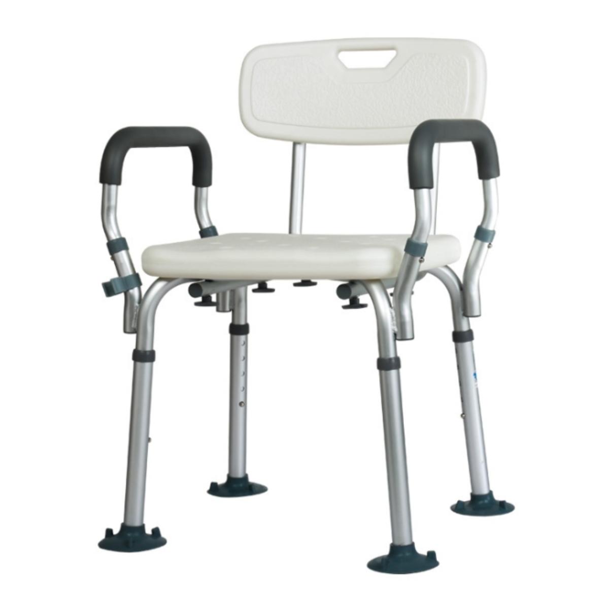 Medical shower chair with white seat and gray armrests on a white background