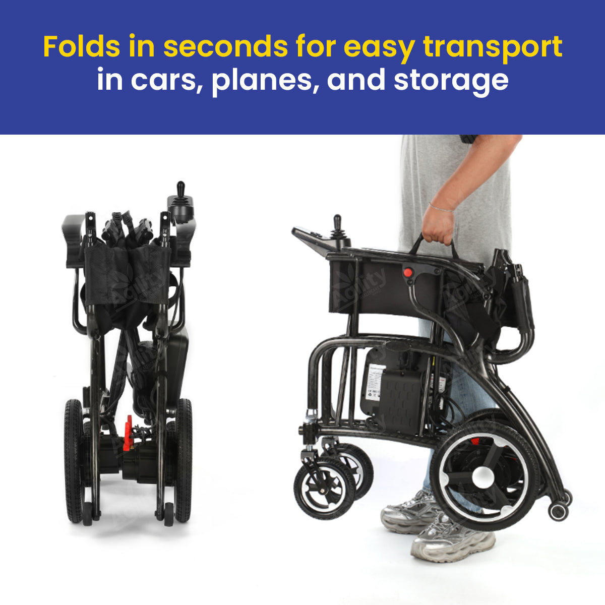 Foldable wheelchair being shown in two states: folded and unfolded, with text indicating ease of transport.