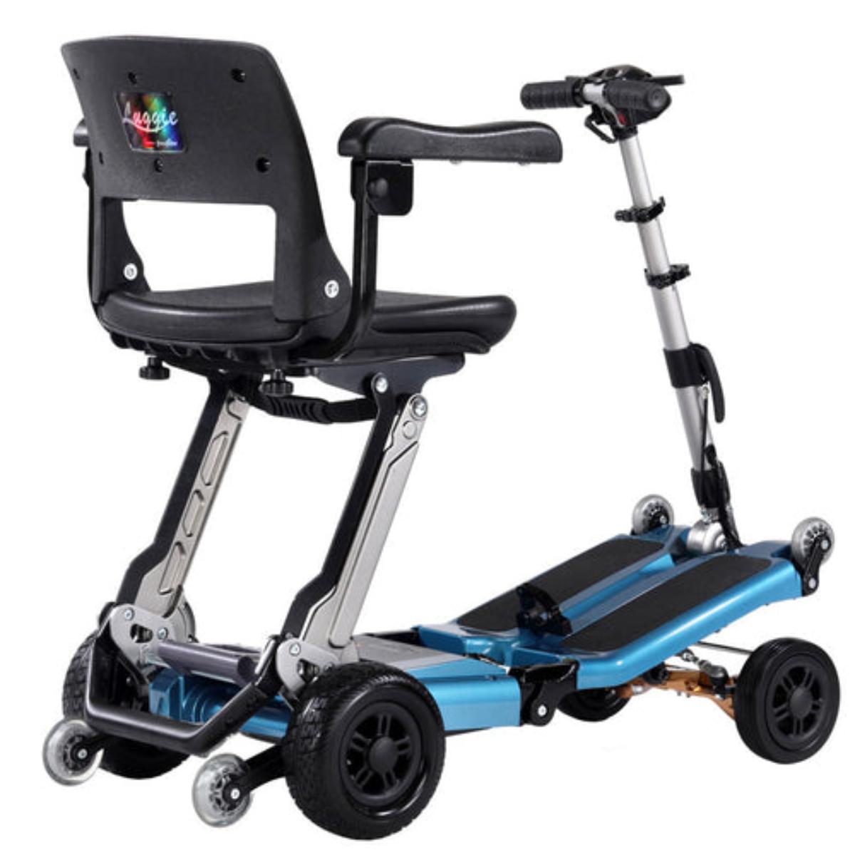 A compact Luggie Elite Deluxe Mobility Scooter with a black seat, blue body, and grey wheels and accents.