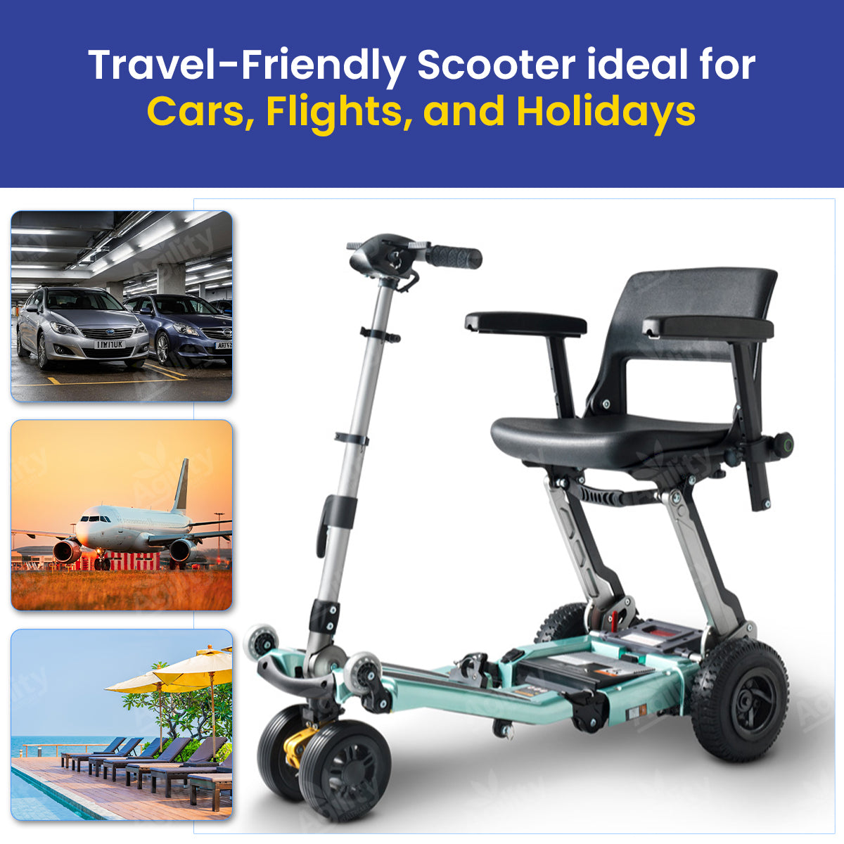 Luggie Elite Plus Foldable Mobility Scooter with the text 'Travel-Friendly Scooter ideal for Cars, Flights, and Holidays' on a blue background.