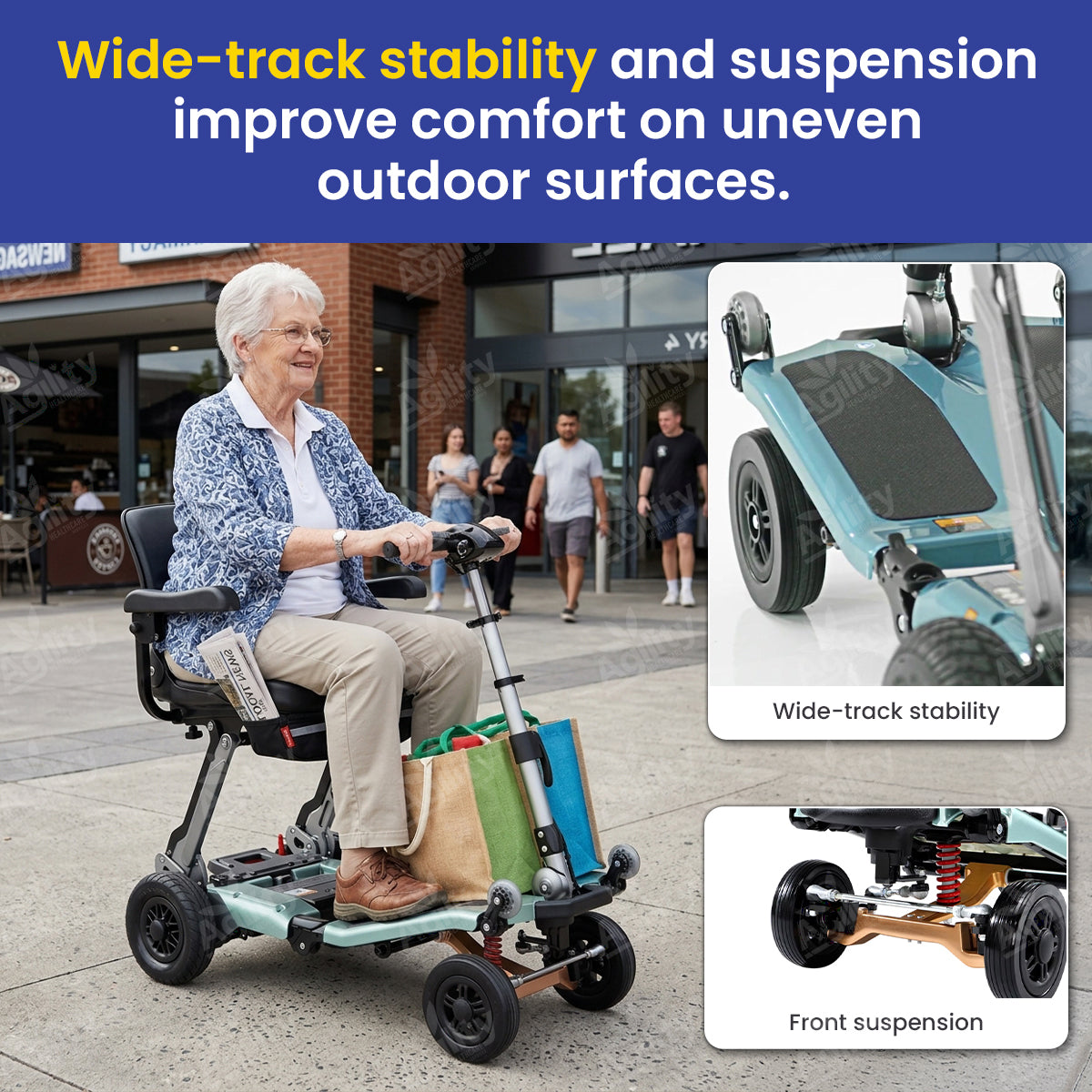 Woman using a Luggie Super Deluxe Folding Mobility Scooter with wide-track stability and suspension features, shown outdoors.