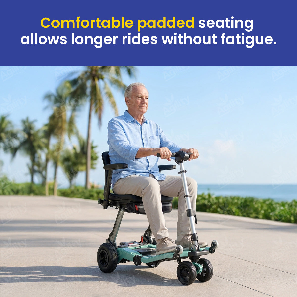 Man using a Luggie Super Plus Folding Mobility Scooter with text about comfortable seating on a scenic background