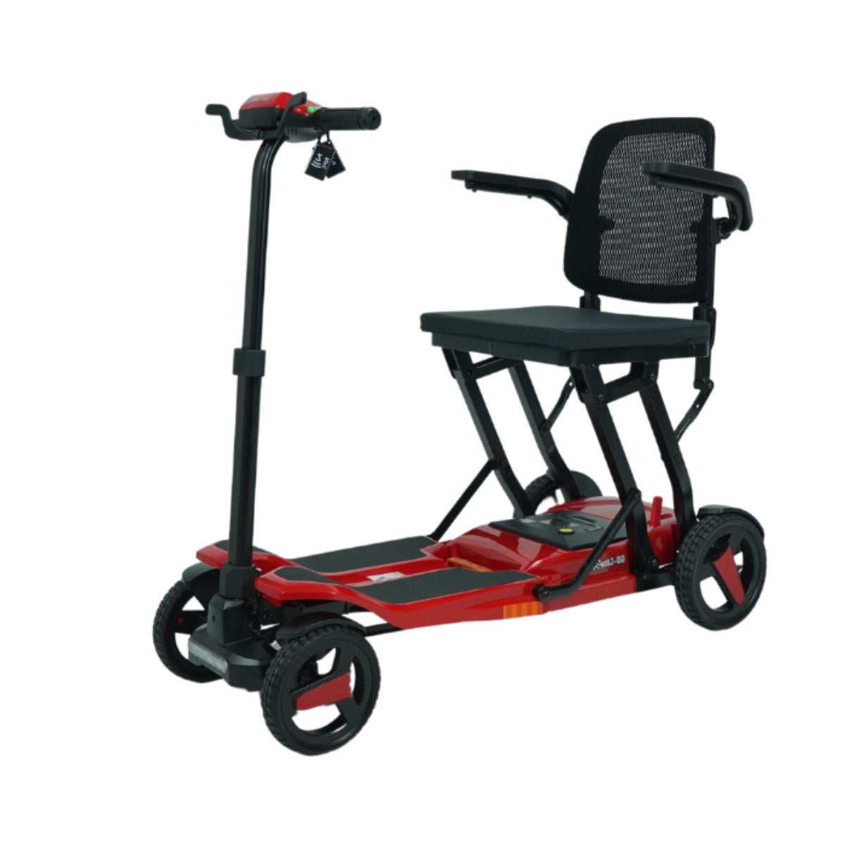 Red and black electric mobility scooter with a seat, mesh backrest, and handlebar, shown on a plain white background.