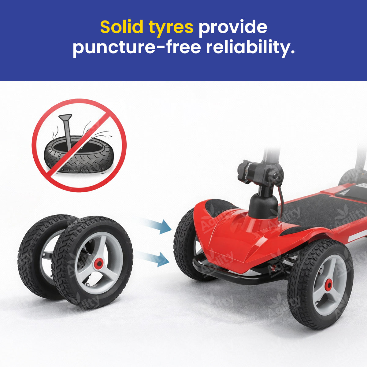 Go Lite Travel Mobility Scooter with solid tyres on a white background, emphasising puncture-free reliability.