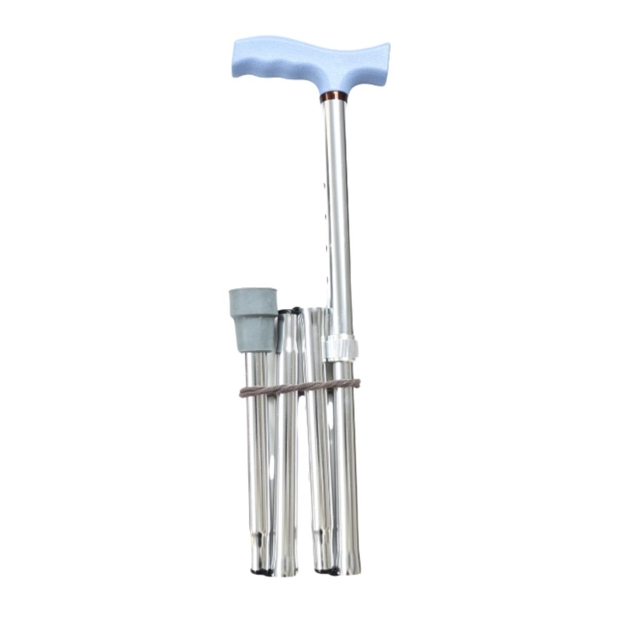 Collapsible walking cane with light blue handle on a white background
