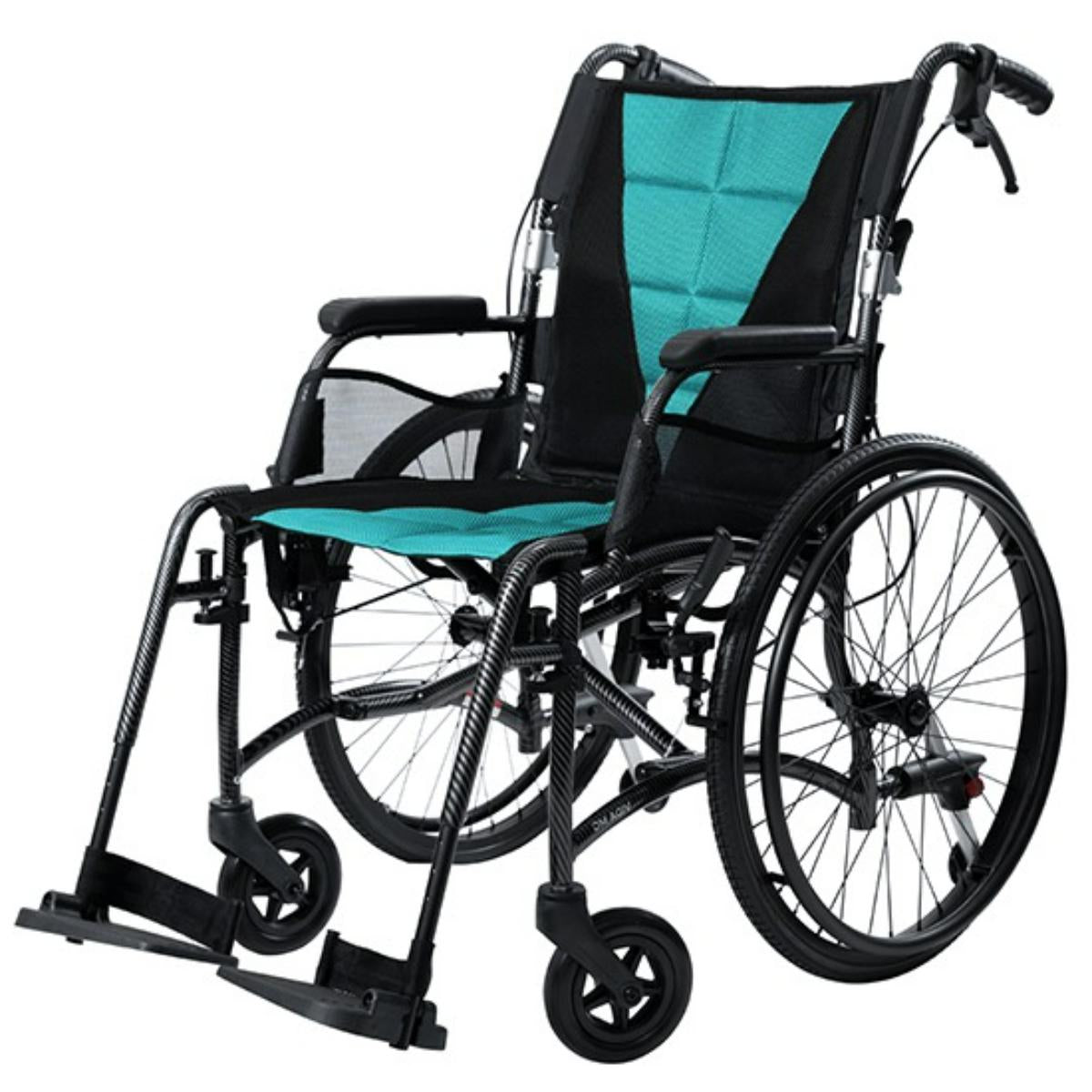 Wheelchair with turquoise seat cover on a white background