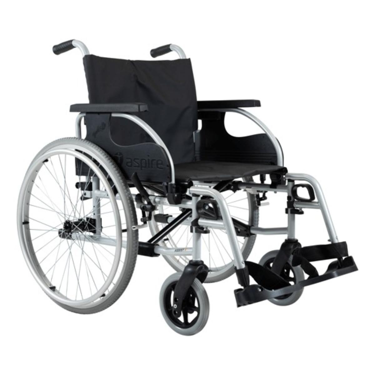 Aspire Assist 3 Deluxe Vinyl Wheelchair with black seat cover on a white background