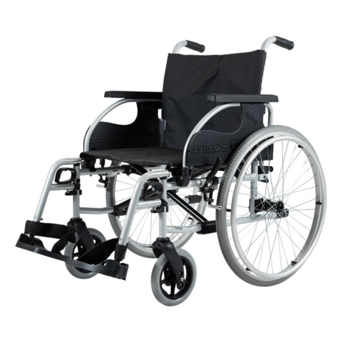 Aspire Assist 3 Deluxe Vinyl Wheelchair with black seat cover on a white background
