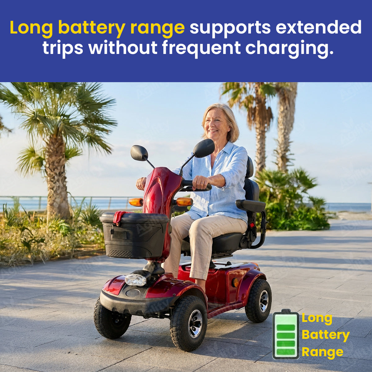 A woman riding an Outlaw Mobility scooter with palm trees and a beach in the background, promoting long battery range.