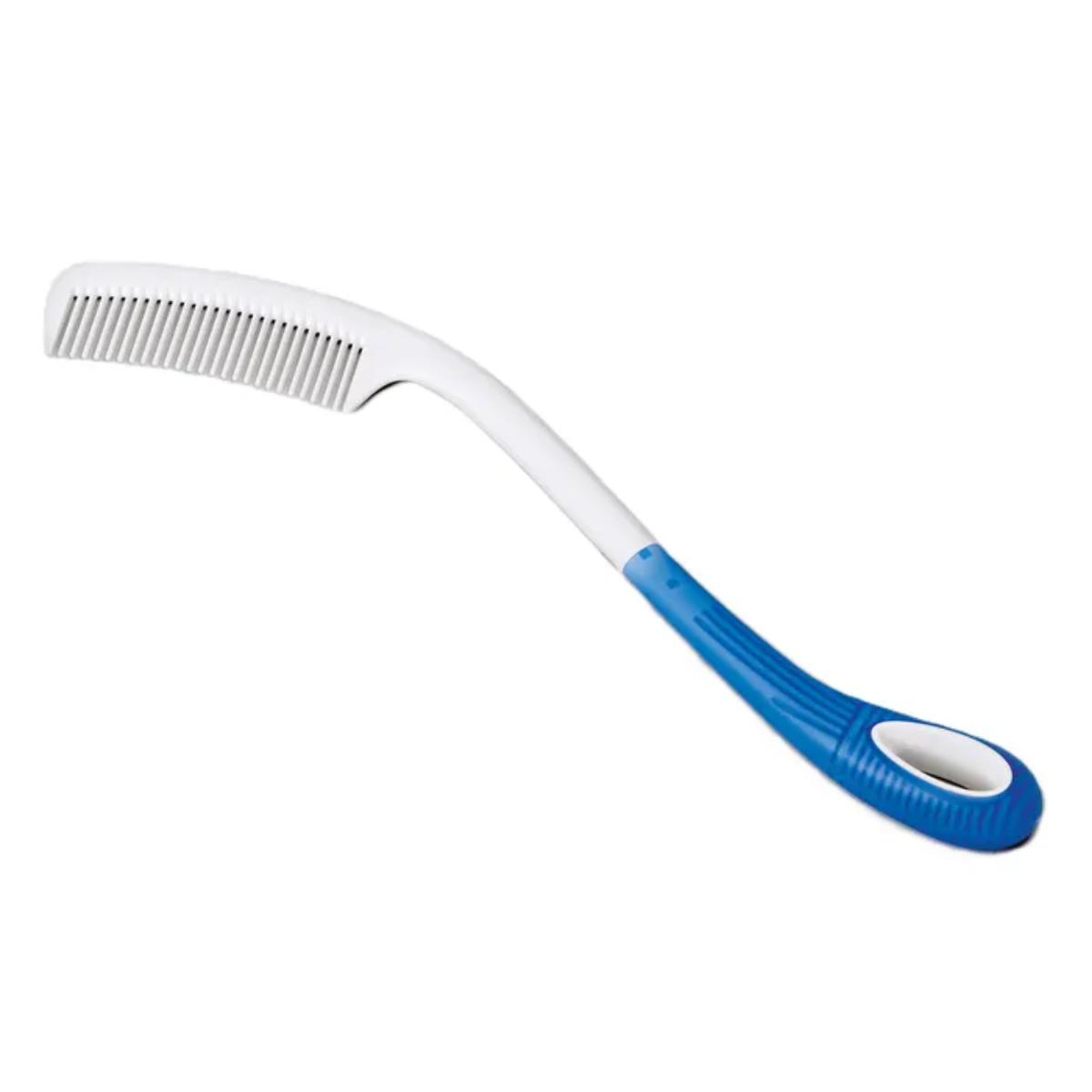 Comb with a blue handle on a white background