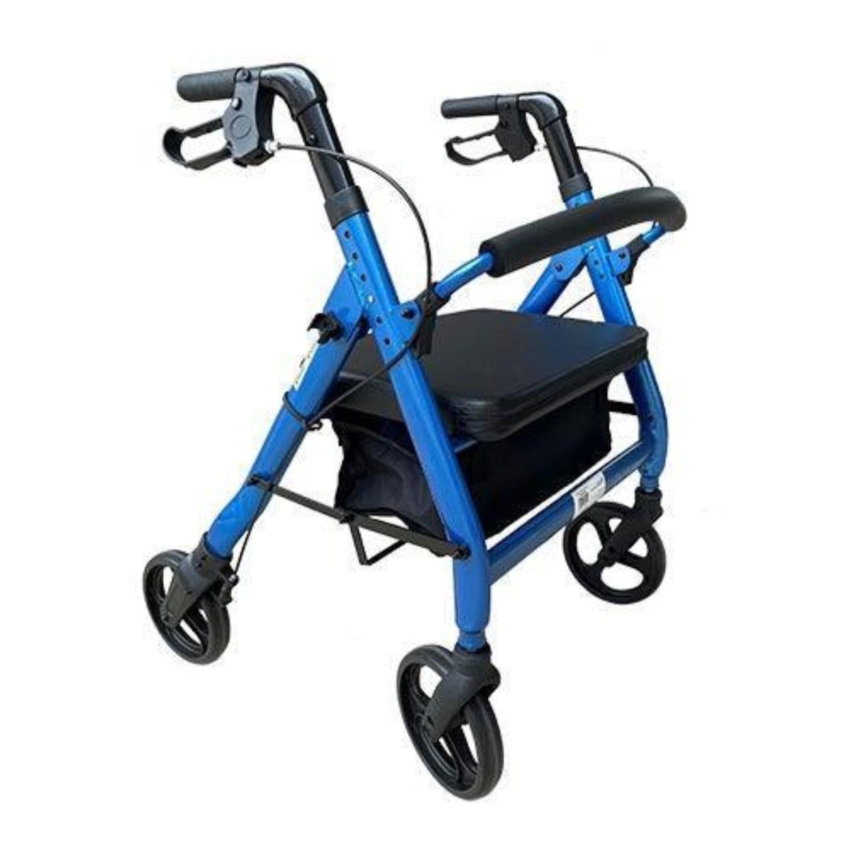 Blue rollator with a black seat on a white background