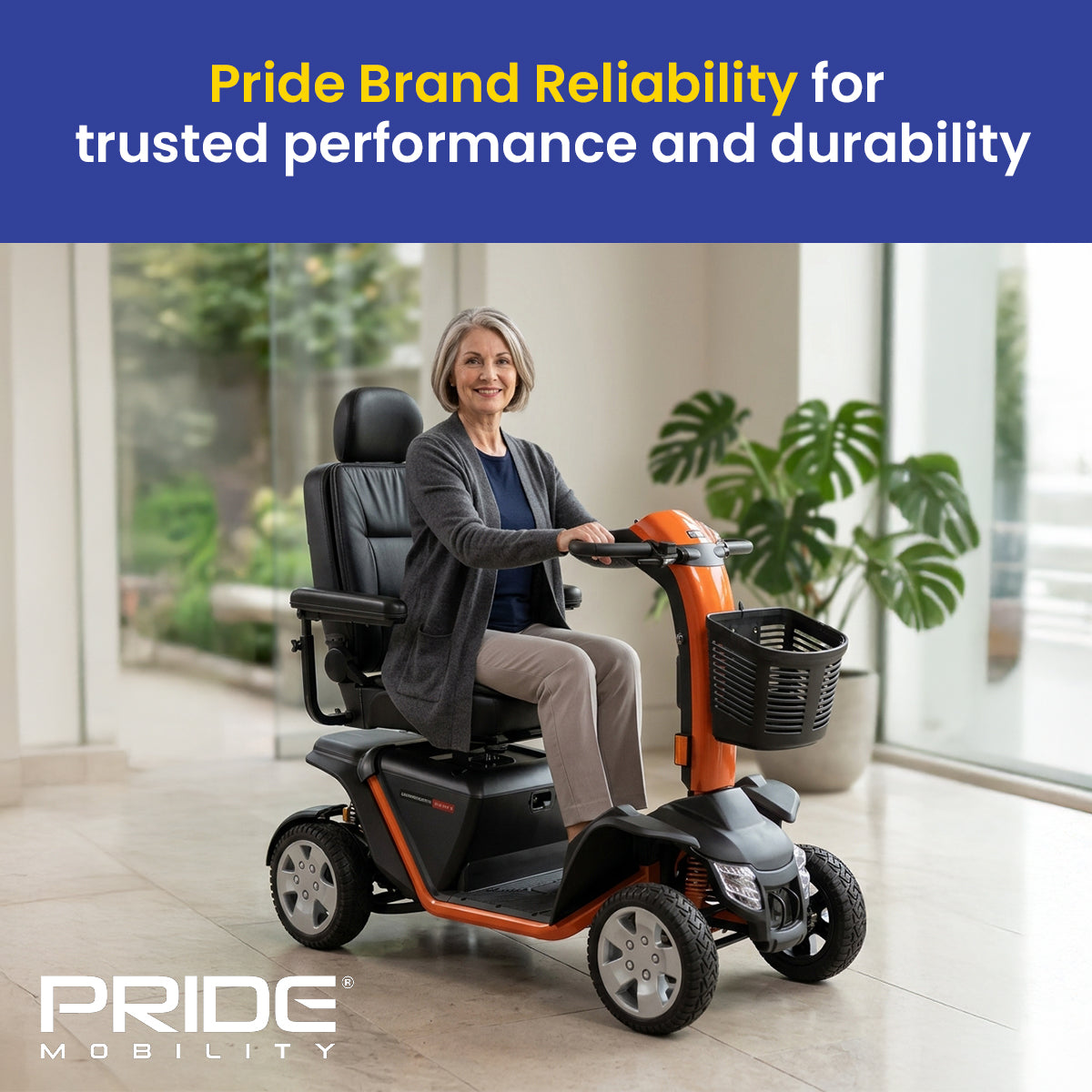 A woman using a Pride Pathrider 140 XLE mobility scooter with 'Pride Mobility' branding and text about brand reliability.
