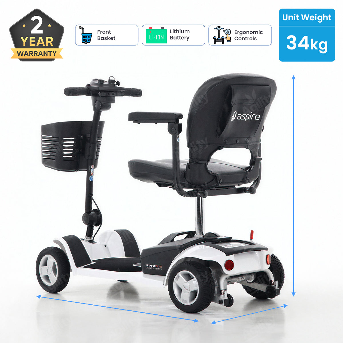 Black and white Aspire Boot Supalite Mobility Scooter with features highlighted on a white background