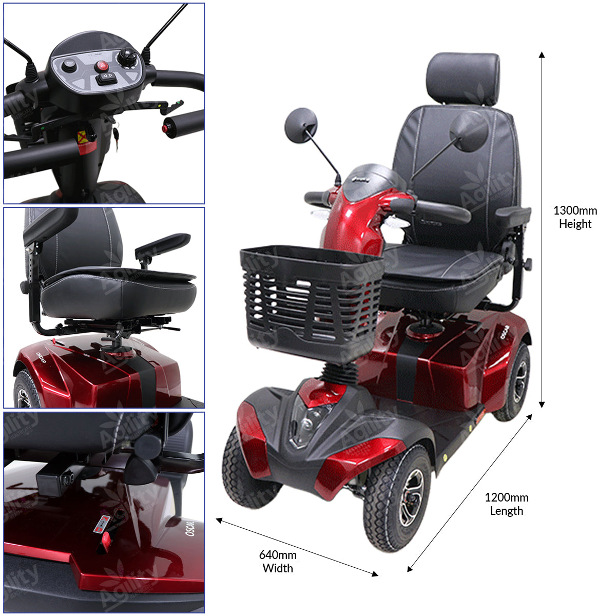 Red and black mobility scooter with detailed measurements on a white background