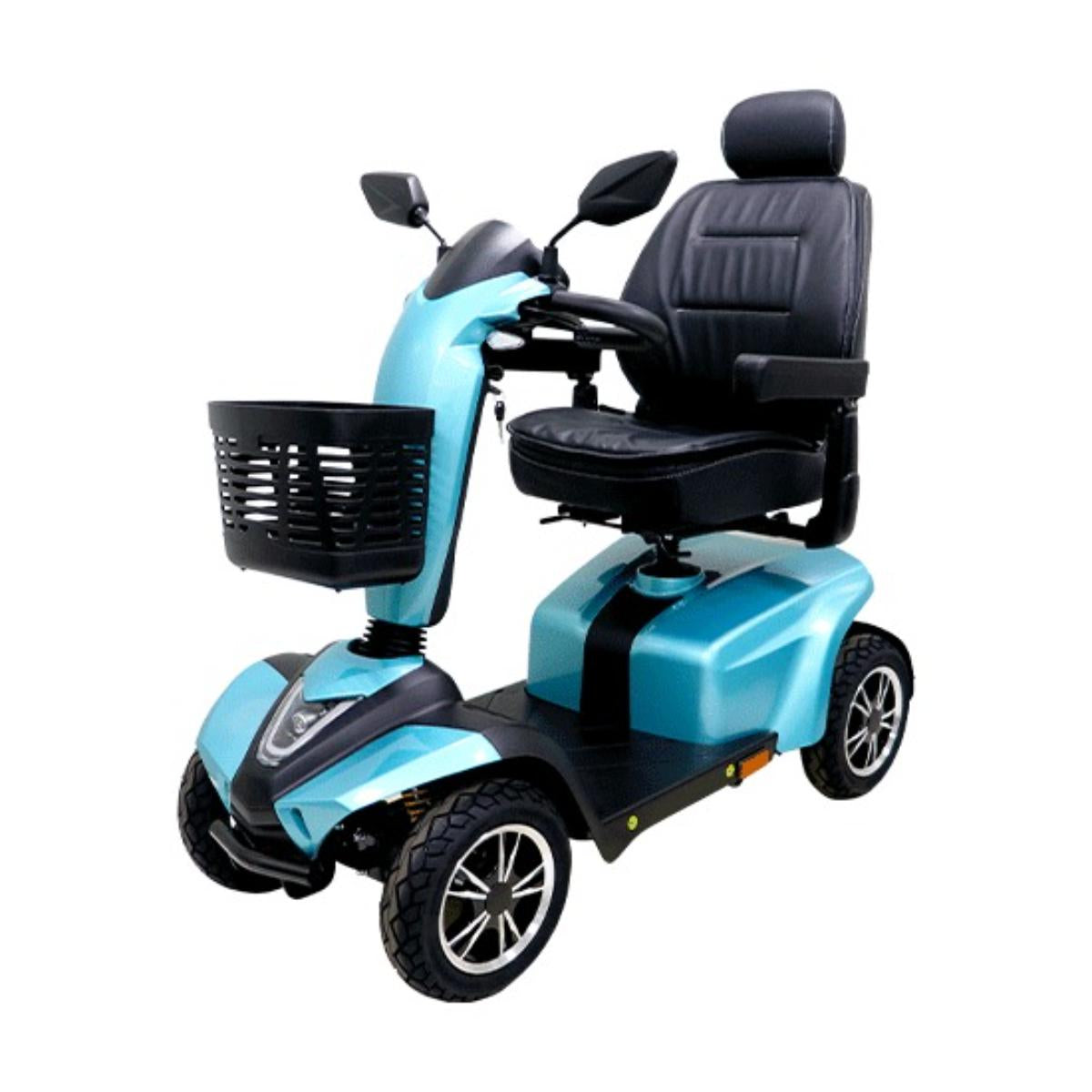 Blue Odin mobility scooter with black seat and basket on a white background