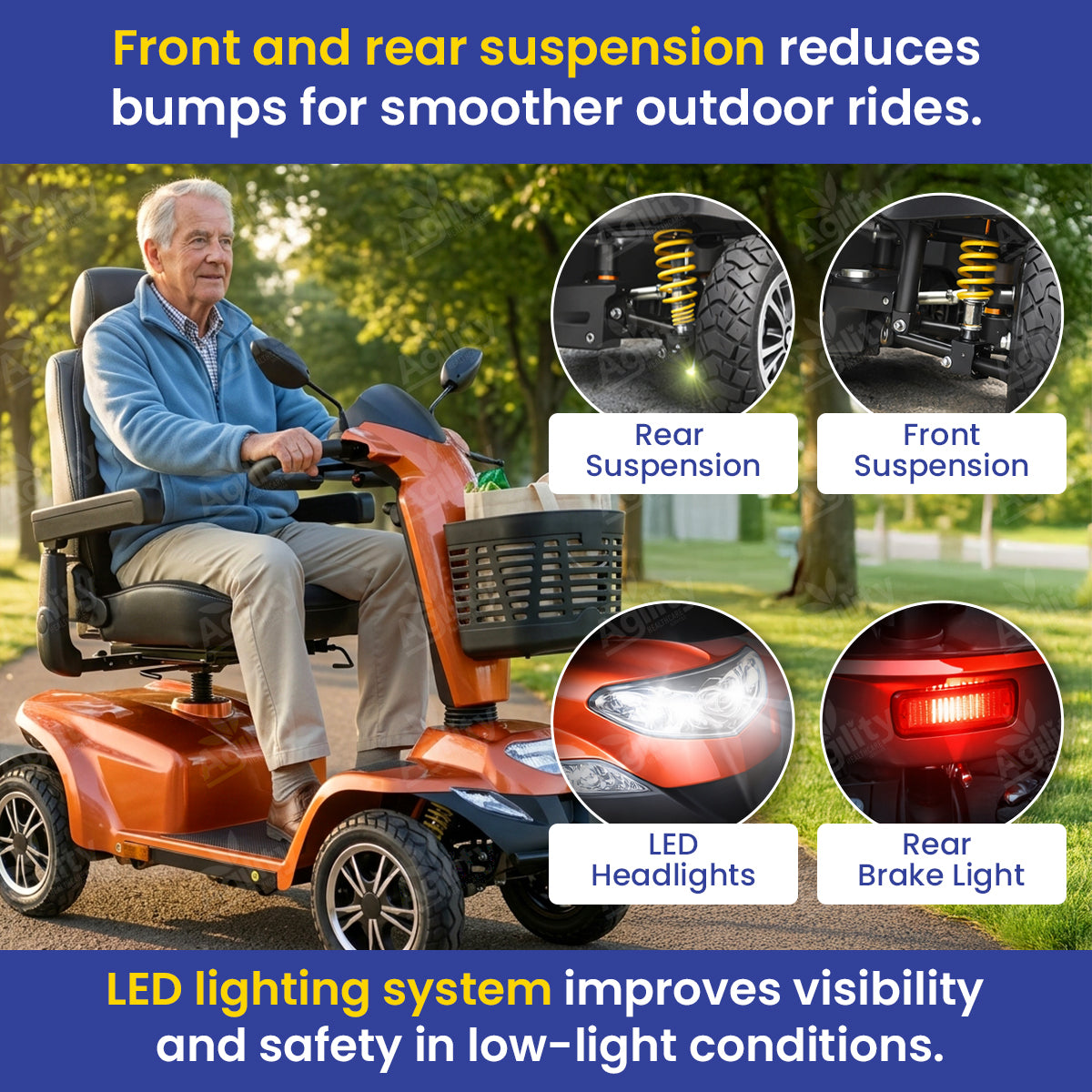 Aspire Juno Large Mobility Scooter with features highlighted, including suspension and lighting, in an outdoor setting.