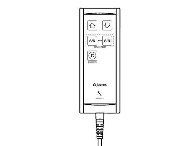 Black and white line drawing of a Joerns electronic device with buttons and a cord, shown on a plain white background.