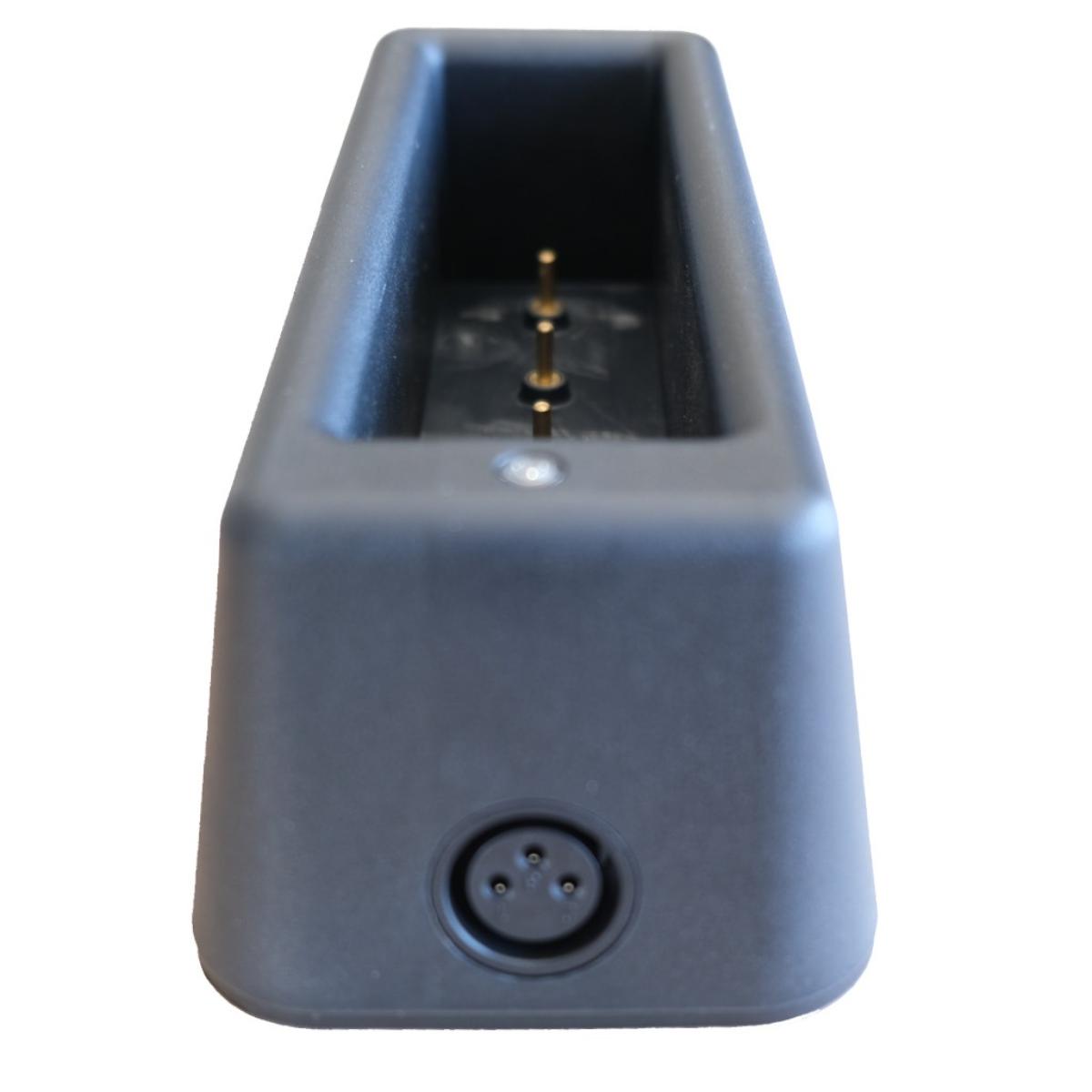 A gray Solax-Docking Station for mobility scooters with a bracket and charge indicator lights.