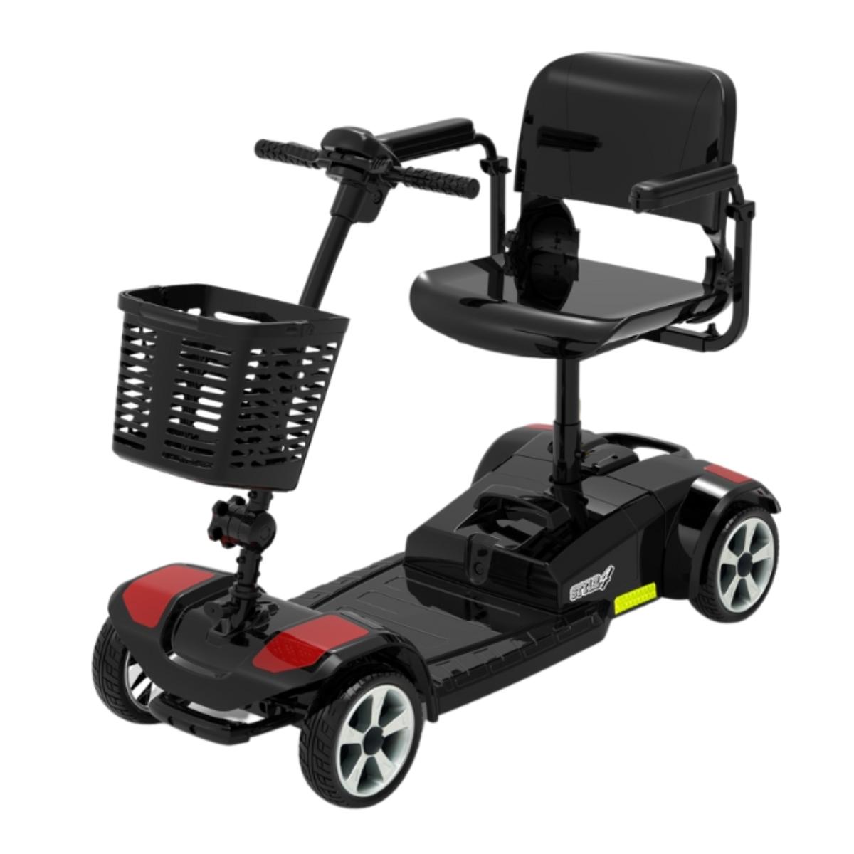 A black TopGun mobility scooter with red accents, including a basket attached to the front. The scooter has four wheels, a seat, and a set of handlebars.