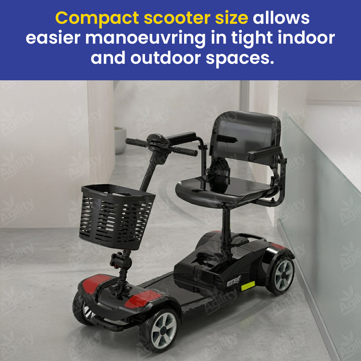 Topgun Stylz4 4-Wheel Mobility Scooter with a basket on a gray floor, text about maneuverability.
