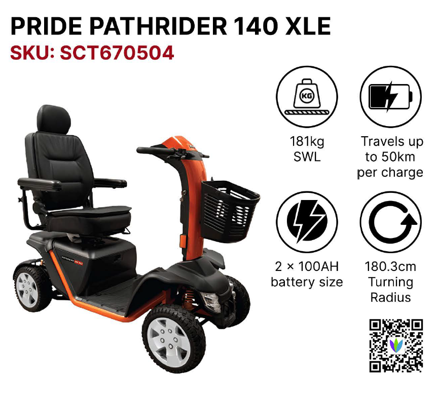 Pride Pathrider 140 XLE mobility scooter with specifications on a white background