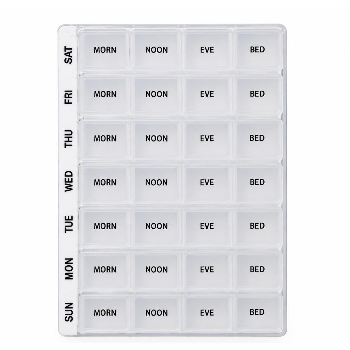 A weekly medication organizer tray with 24 individual compartments arranged in a grid, labeled with days of the week from SAT to SUN on the left edge, and time slots MORN, Noon, EVE, and BED on each day. The tray is made of clear plastic with black printed text, shown on a plain white background.