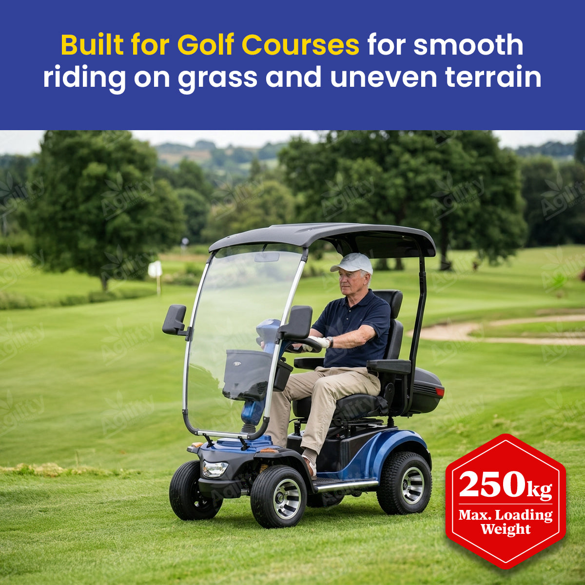 A man driving an Albatross Golf Mobility Scooter on a golf course with text about its suitability for smooth riding on grass and uneven terrain.