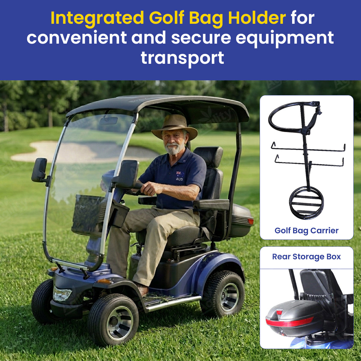 Man sitting in an Albatross Golf Mobility Scooter with an integrated golf bag holder on a golf course.