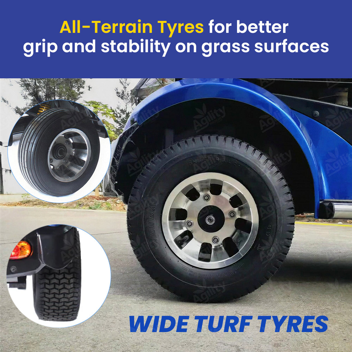 Wide turf tyres on a vehicle with text highlighting their benefits on grass surfaces.