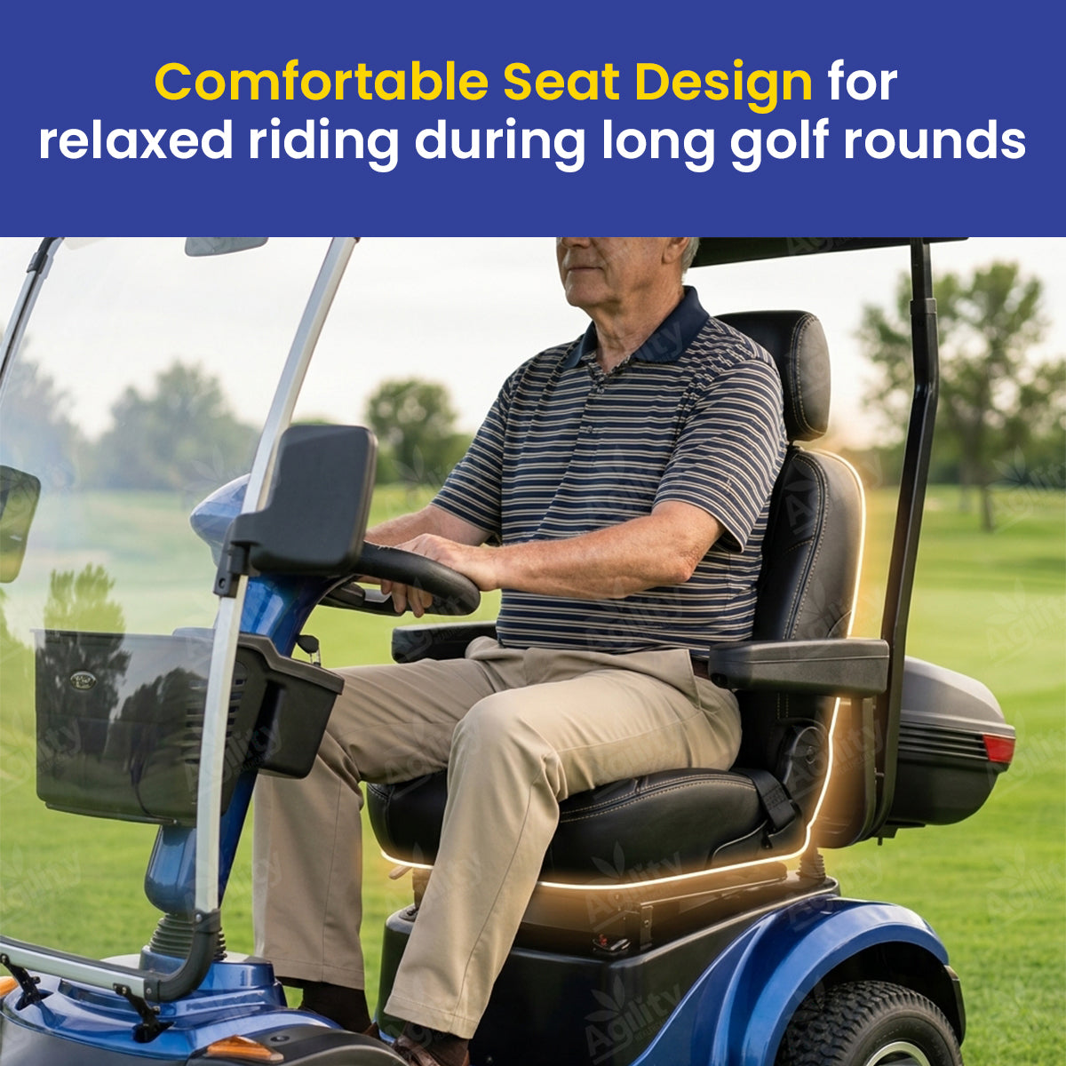 Man sitting in an Albatross Golf Mobility Scooter with text about comfortable seat design on a golf course.