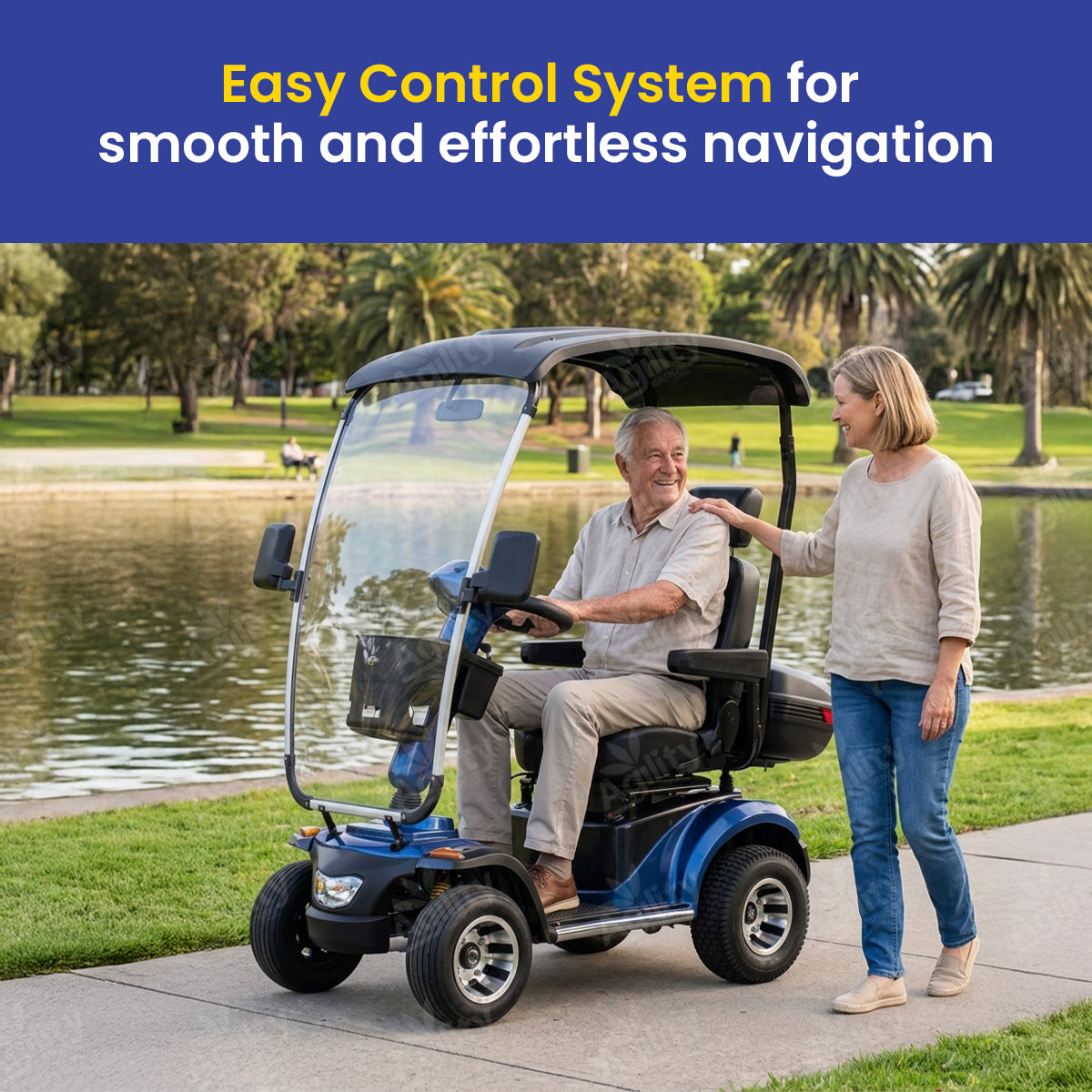 Two people with a blue Albatross Golf mobility scooter in a park setting, with text about an easy control system.