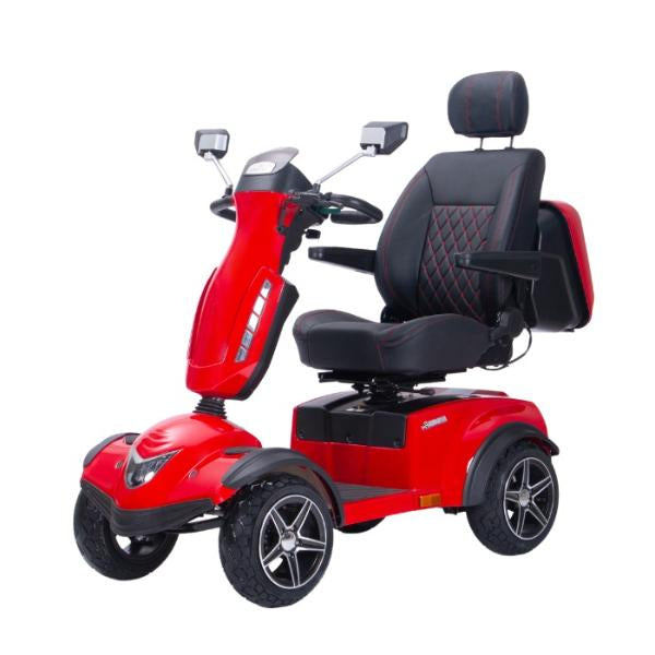 Red Avenger Pro mobility scooter with black seat on a white background