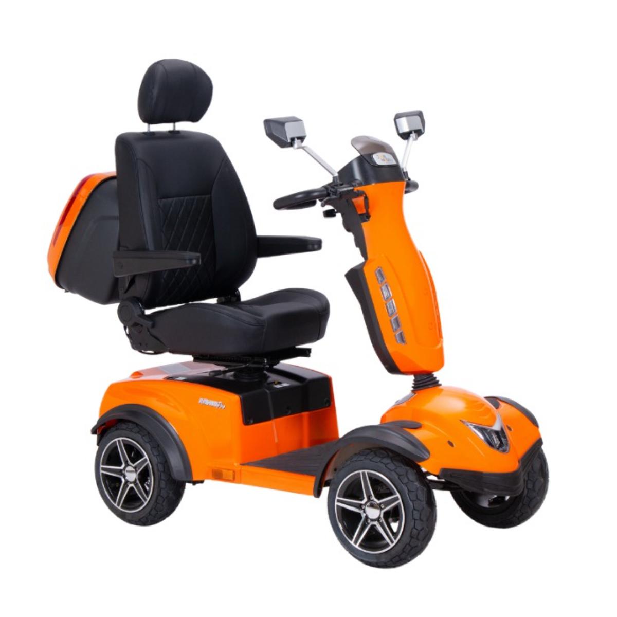 Orange Avenger mobility scooter with black seat on a white background