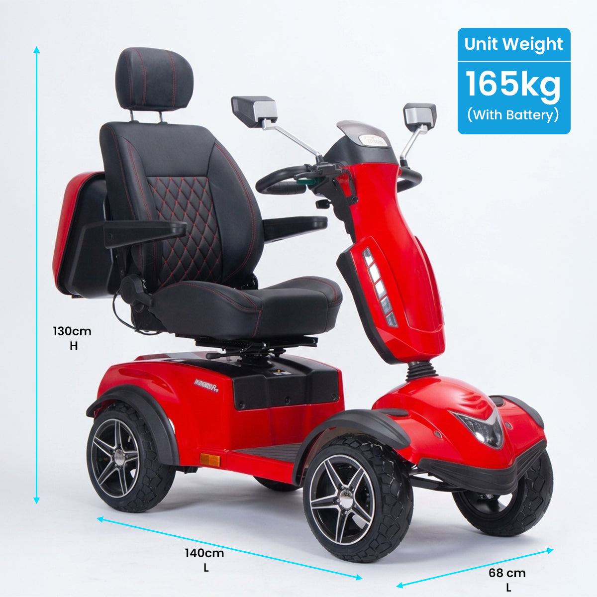 Avenger pro mobility scooter with measurements on a white background