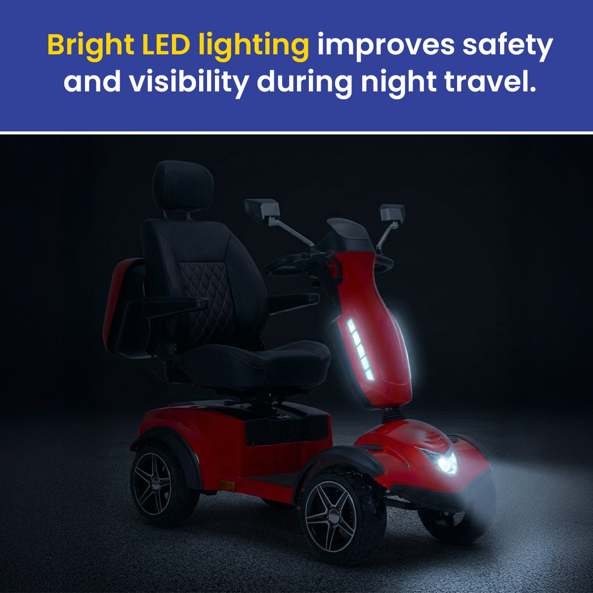 Avenger pro mobility scooter with bright LED lights on a dark background, emphasizing safety during night travel.