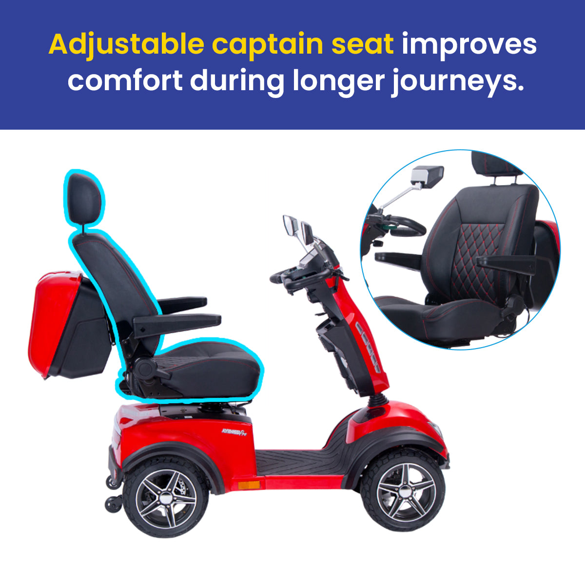 Avenger pro mobility scooter with adjustable captain seat feature, highlighting comfort during longer journeys.