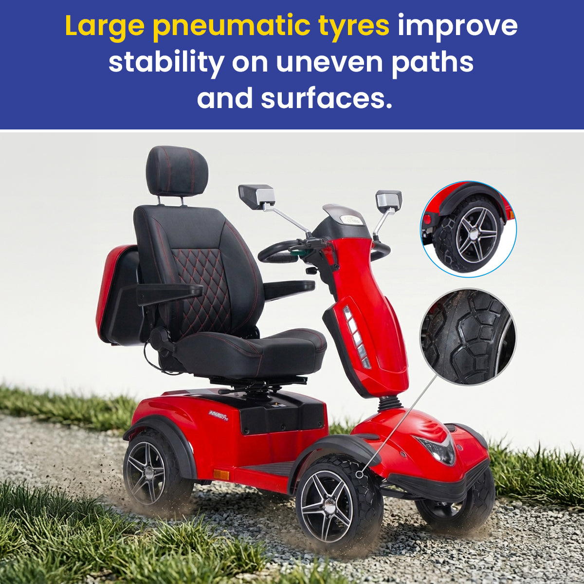 Avenger Pro mobility scooter with large pneumatic tyres on an uneven path, highlighting the stability feature.