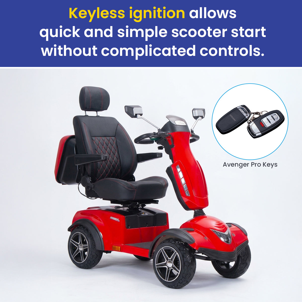 Avenger pro mobility scooter with keyless ignition feature on a white background