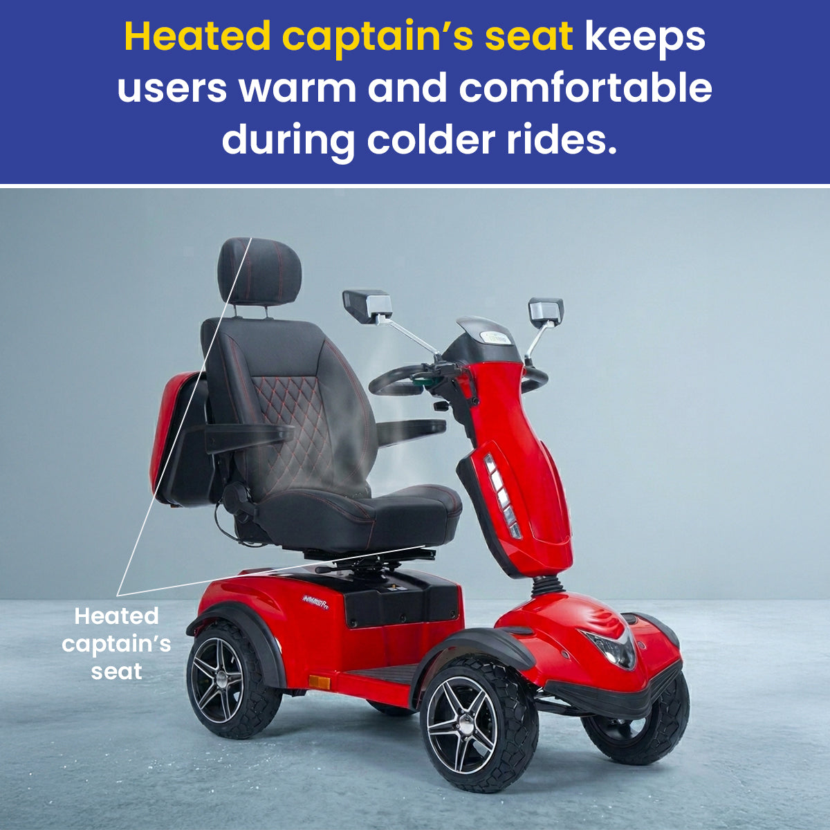 Avenger pro mobility scooter with heated captain's seat on a gray background