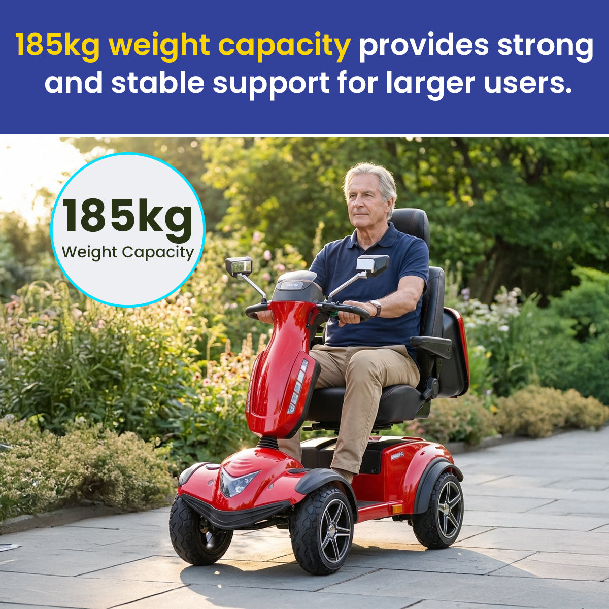 A man using an Avenger Pro mobility scooter with text highlighting weight capacity in an outdoor setting.